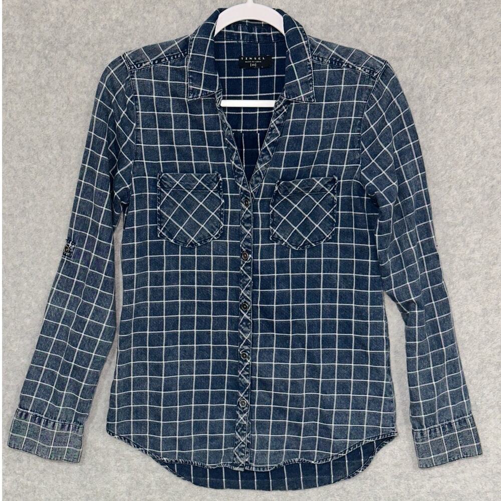 Tinsel | XSmall | Chambray Striped Button Up Shirt Roll Tab Sleeves cotton‎